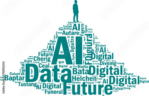 Data Overload & AI Navigation Silhouette - Person Standing on Word Cloud Black Vector Icon for Information Complexity