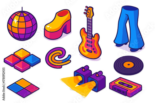 Colorful Disco Vibes. Isometric vector illustration set Musical genres – disco ball, platform shoe, funky guitar; mirror tiles,