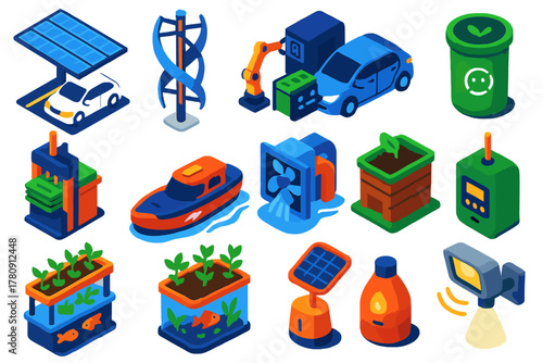 Sustainable Tech Icons. Isometric vector illustration set technology and sustainability: solar canopy for parking, rotating