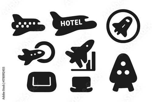 Orbital Transport Icons. Solid style icons of orbital transport shuttles: space taxi glyph, hotel shuttle icon, transit badge.