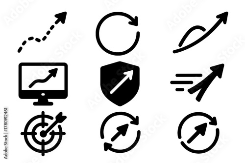 Arrow Flight Tracking Icons. Solid style icons of arrow flight tracking: digital arrow path icon, laser flight loop, trajectory