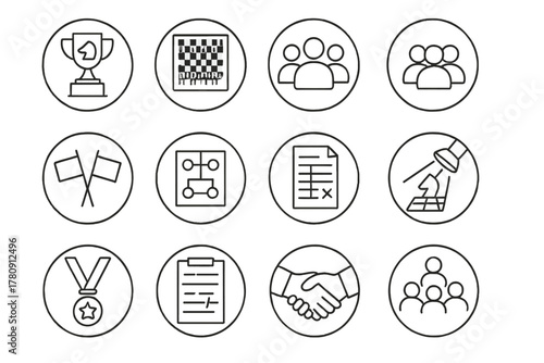 Chess Tournament Icons. Line style icons of tournament chess in round shape: trophy with knight, competition board, crowd icon,