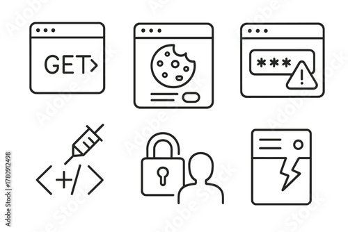 Web Security Icons. Line style icons of web security testing: HTTP request icon, cookie manipulation panel, insecure form field,