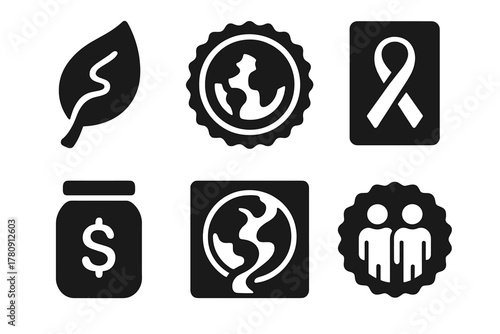 Environmental Charity Icons. Solid style icons of environmental and charity runs: leaf-shaped path icon, eco badge reversed,