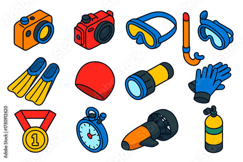 Underwater Photography Gear. Isometric vector illustration set Underwater Photography Gear: waterproof camera, underwater housing,