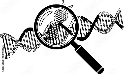Genetic Technology & Biotech Research Silhouette - Magnifying Glass Over DNA Helix Black Vector Icon