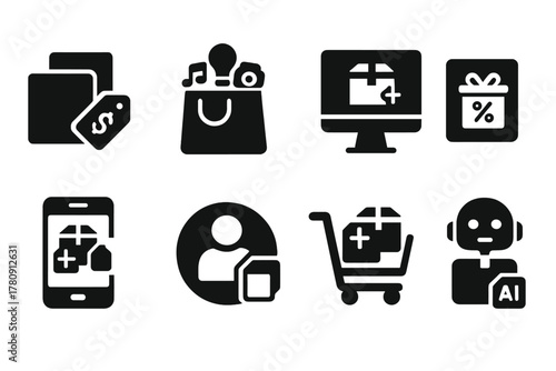 Virtual Product Bundles. Solid style icons of virtual product bundles: digital combo icon, smart deal pack, bundle preview screen.