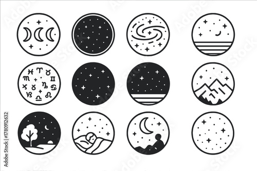 Cosmic Night Silhouettes. Line style icons of night sky in round shape: moon phases, starscape, milky way band, twilight sky;
