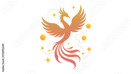 Phoenix Rising: A majestic Phoenix with wings unfurled, embodies rebirth and transformation against a background of radiant stars and celestial spheres.