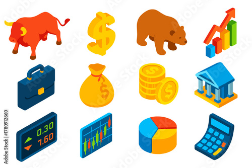 Wall Street Icons. Isometric vector illustration set Wall Street Icons: bull, bear, dollar sign, growth chart, briefcase, money