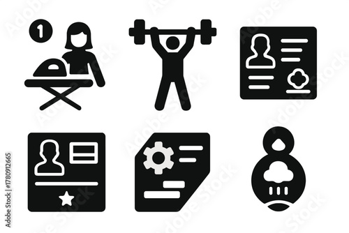 Competitor Icons Showcase. Solid style icons of competitor profiles: contestant with ironing board, press pose icon, athlete bio