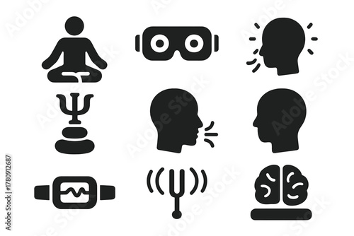 Meditation Tech Icons. Solid style icons of meditation and mind balance tech: deep focus lenses, psi-harmony stones, brain quiet