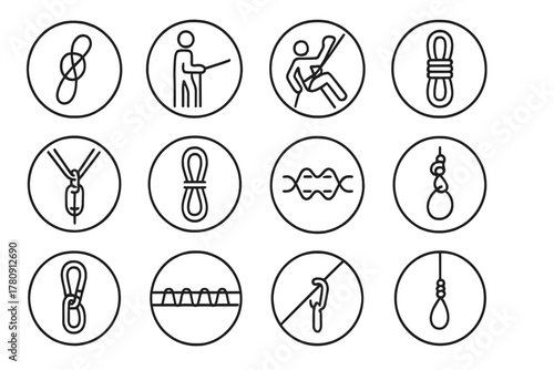 Rope Techniques Icons. Line style icons of rope techniques in round shape: rope knot, belaying stance, rappelling motion, rope