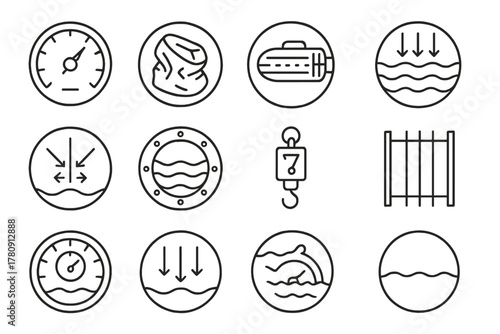 Deep Sea Pressure Icons. Line style icons of deep sea pressures in round shape: pressure gauge, collapsing can demo, reinforced