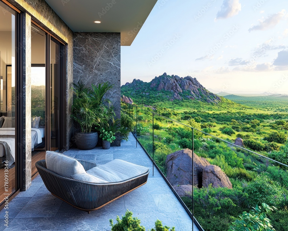 Obraz premium Balcony view mountains, green hills, & modern lounging