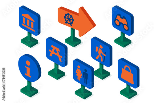 Vibrant Street Sign Icons. Isometric vector illustration set Street signs – museum sign, attraction arrow sign, viewpoint sign;