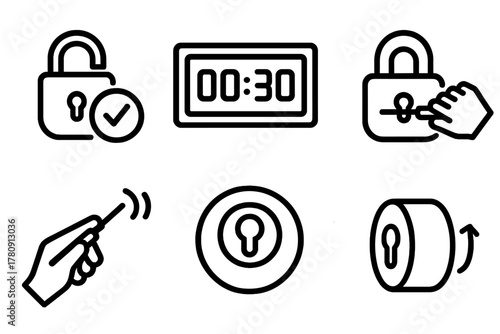 Competitive Lockpicking Icons. Line style icons of Competitive Lockpicking: scored lock attempt, display screen icon, lockpick