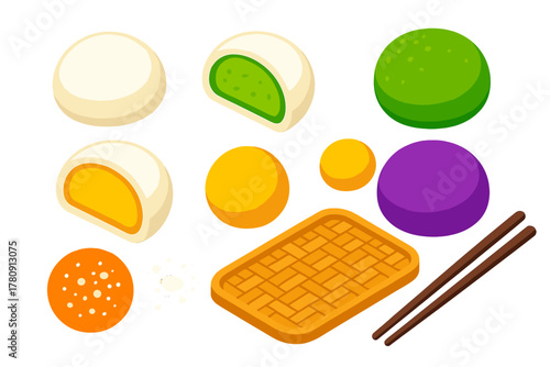 Colorful Mochi Dessert Icons. Isometric vector illustration set Ice cream and desserts – mochi ice cream, rice dough, filling ball