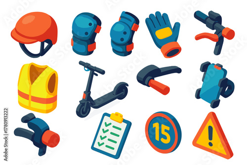 E-Scooter Safety Icons. Isometric vector illustration set E-Scooter Safety Icons: helmet, elbow pads, knee pads, gloves,