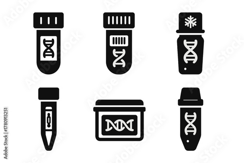 Synthetic DNA Icons. Solid style icons of synthetic DNA vials and samples: test tube with DNA label, vial with barcode helix,