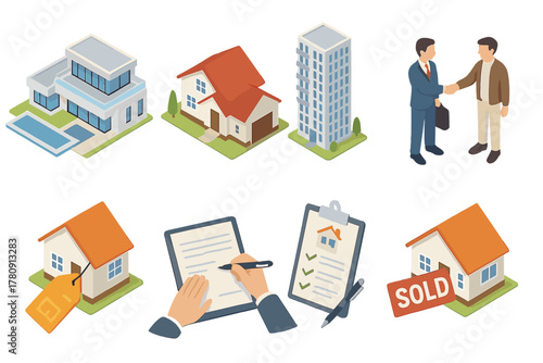 Isometric Real Estate Showcase. Isometric vector illustration set of Real Estate: luxury villa, suburban home, condo tower.