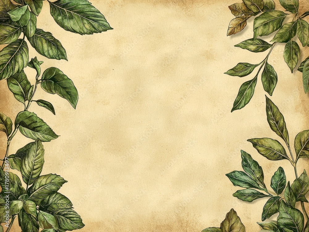 Fototapeta premium Botanical frame with green leaves on parchment paper with aged texture