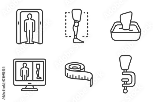 Prosthetic Design Icons. Line style icons of custom-fit prosthetics: body scanner booth, digital limb model, mold casting tray,