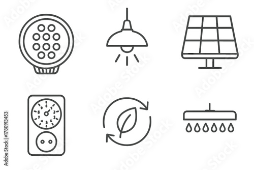 Line Style Energy Icons. Line style icons of lighting and energy: full-spectrum LED light, overhead lamp, solar panel tile, timer
