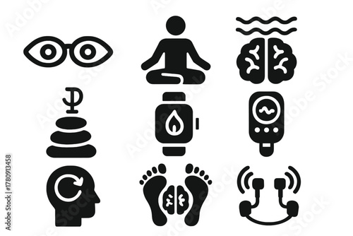 Meditation Tech Icons. Solid style icons of meditation and mind balance tech: deep focus lenses, psi-harmony stones, brain quiet