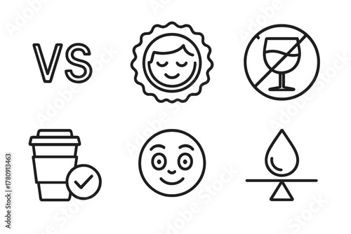 Comparison Symbols Icons. Line style icons of comparison symbols: vs. alcohol icon, better sleep badge, no buzz symbol,