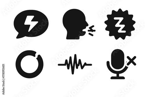 Vocal Glitch Icons. Solid style icons of vocal glitch training: speech with error glyph, corrupted voice icon, distortion badge.