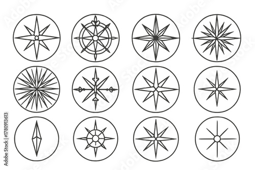 Line Style Compass Roses. Line style icons of compass roses in round shape: classic compass rose, ornate rose, directional star, 8
