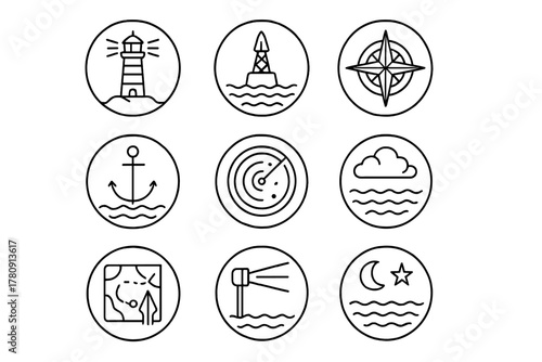 Sea Navigation Icons. Line style icons of sea navigation in round shape: lighthouse beacon, buoy, compass rose, sailing ship;