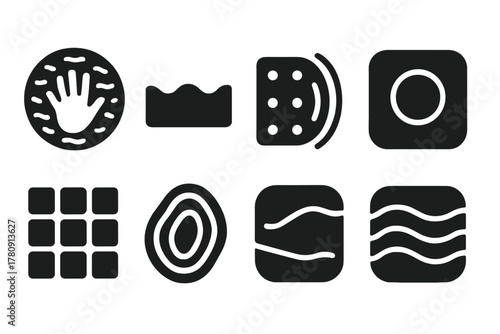 Tactile Art Icons. Solid style icons of haptic art surfaces: textured emotion zone, raised stroke slab, vibration canvas icon.