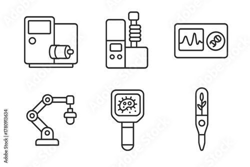 Life Detection Tools Icons. Line style icons of life detection tools: mass spectrometer, gas chromatograph icon, biosignature