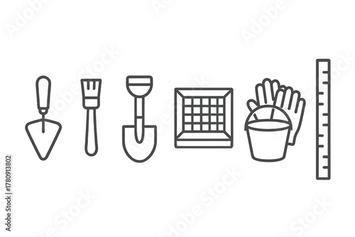 Student Excavation Tools. Line style icons of excavation tools for students: digging trowel icon, small brush, hand shovel,