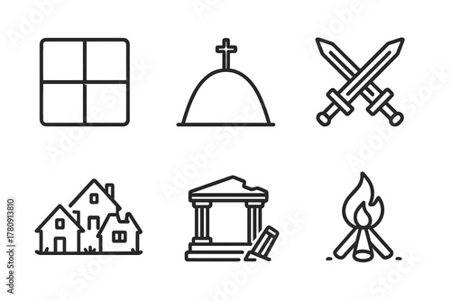 Archaeological Site Icons. Line style icons of types of archaeological sites: ancient settlement grid, burial mound outline,