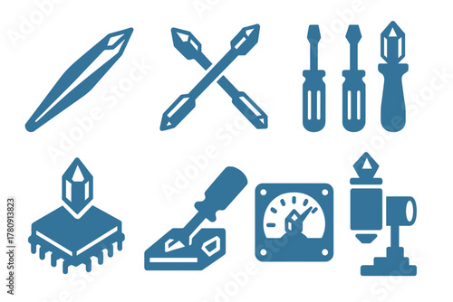 Crystalline Tech Tools. Solid style icons of crystalline computer repair tools: nano tweezers, prism alignment rods, spectral