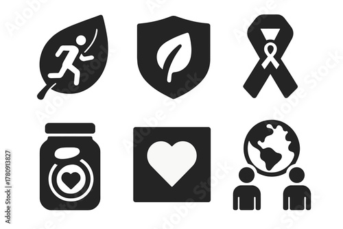 Environmental Charity Icons. Solid style icons of environmental and charity runs: leaf-shaped path icon, eco badge reversed,