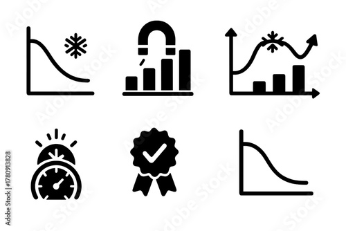 Cooling Performance Icons. Solid style icons of cooling performance metrics: temperature drop graph, efficiency bar with magnet,