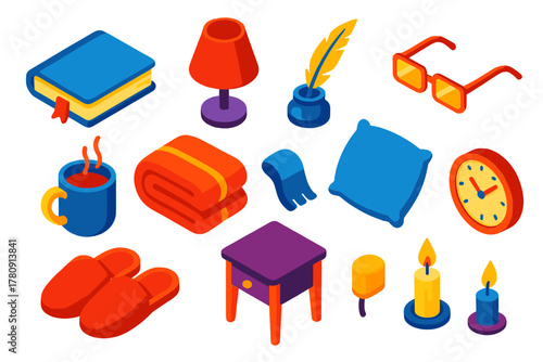 Cozy Night Reading Essentials. Isometric vector illustration set Night Reading Icons: hardcover book, bookmark, night lamp,