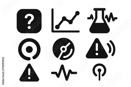 Experimental Diagnostic Icons. Solid style icons of experimental diagnostics: unknown data glyph, variable outcome chart, test