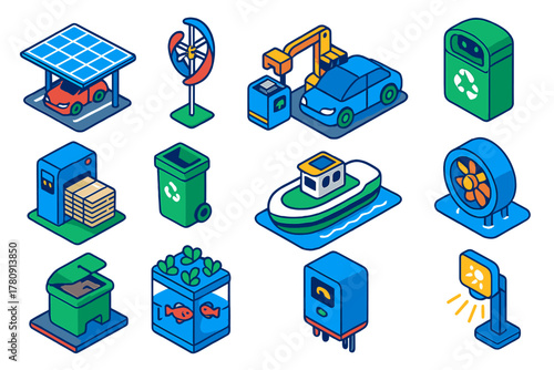 Sustainable Tech Icons. Isometric vector illustration set technology and sustainability: solar canopy for parking, rotating