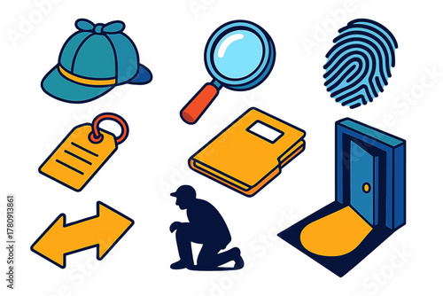 Detective Elements Icons. Isometric vector illustration set Comic book elements – detective hat, magnifying glass, fingerprint