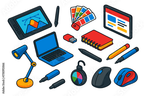 Design Tool Icons. Isometric vector illustration set design tools for graphic designers and creatives: creative pen display,