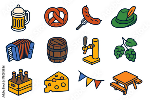Oktoberfest Icon Set. Isometric vector illustration set Traditional Oktoberfest Linear Icons: beer stein, pretzel, grilled sausage