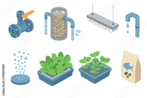 Isometric Aquaponics Systems. Isometric vector illustration set of Aquaponics systems: nutrient lock valve, bio-filter beads,