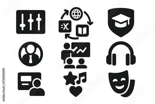 Lecture Hubs Icons. Solid style icons of multi-topic lecture hubs: switchboard glyph, rotating subject icon, channel badge.
