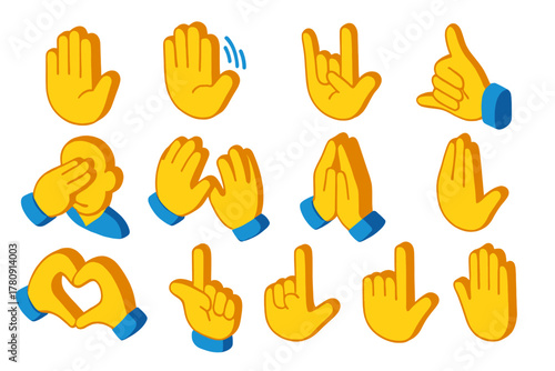 Colorful Hand Symbols. Isometric vector illustration set Hand Signals and Symbols: stop hand, wave hand, rock on sign, call me