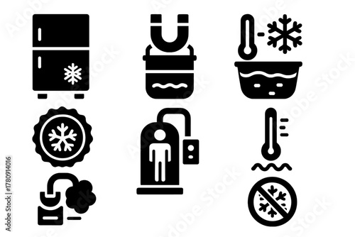 Cryo Tech Icons. Solid style icons of cryogenic applications: ultra-cold fridge icon, magnet-based cryo tank, liquid nitrogen